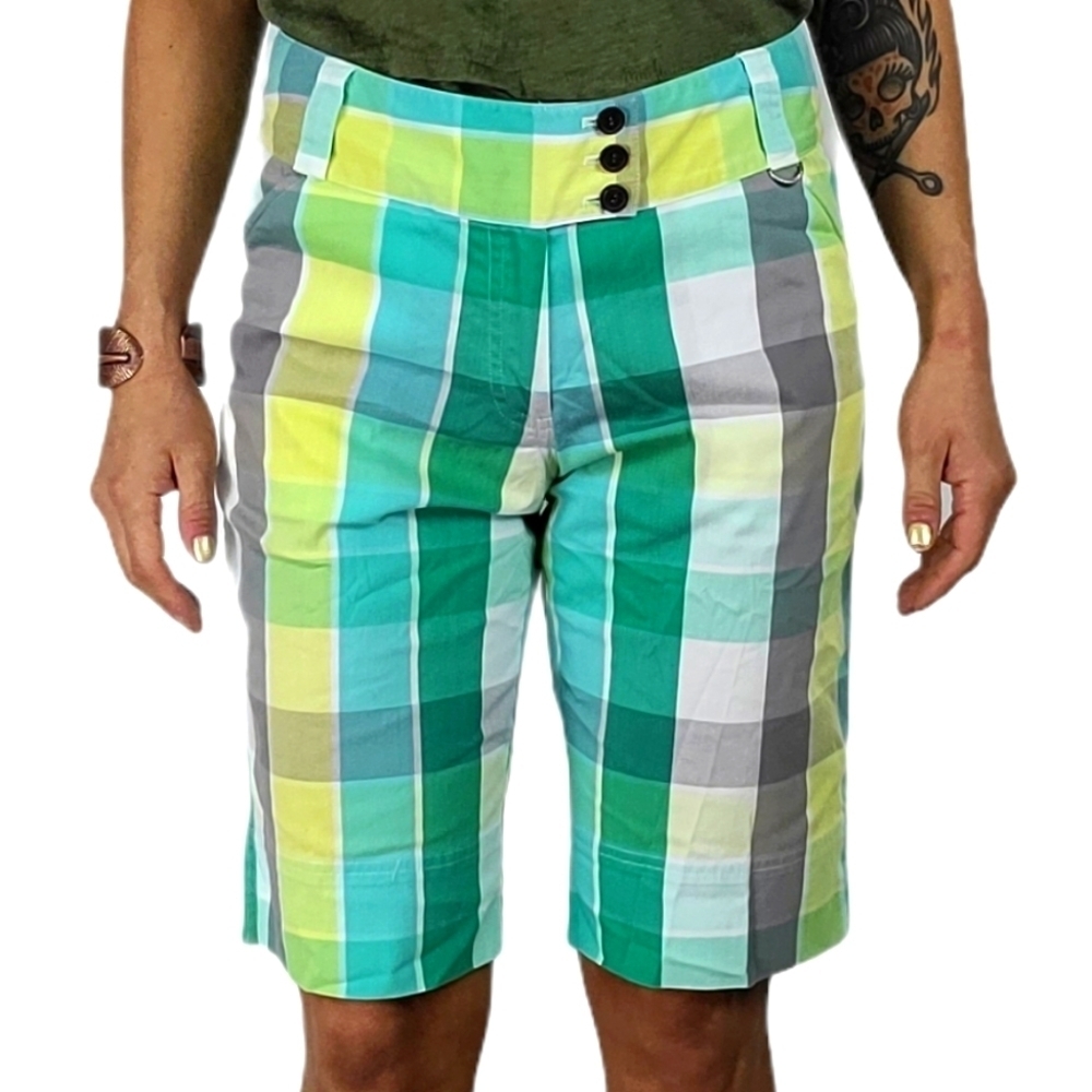 Lija Knee Length Green Yellow Plaid Bermuda Shorts Size 8
